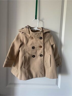 NEXT Girls Cream Hooded Double-Breasted Peacoat with Leopard Trim